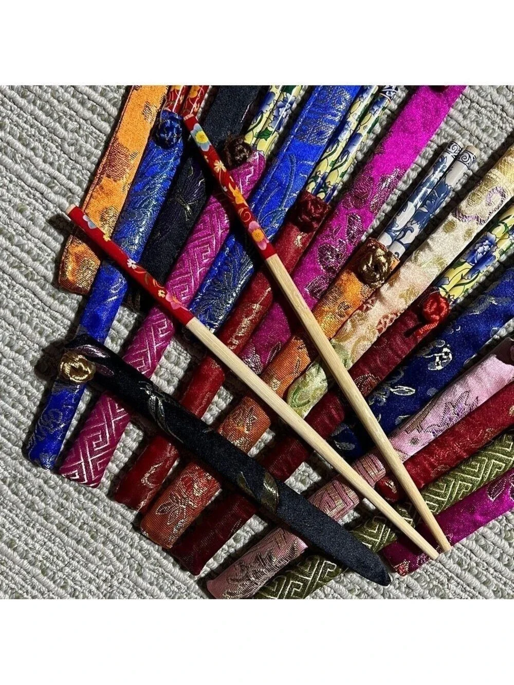 Vintage Bohemian Bamboo Chopsticks RANDOM SET OF 3 Ornate Cloth Sheath Eclectic